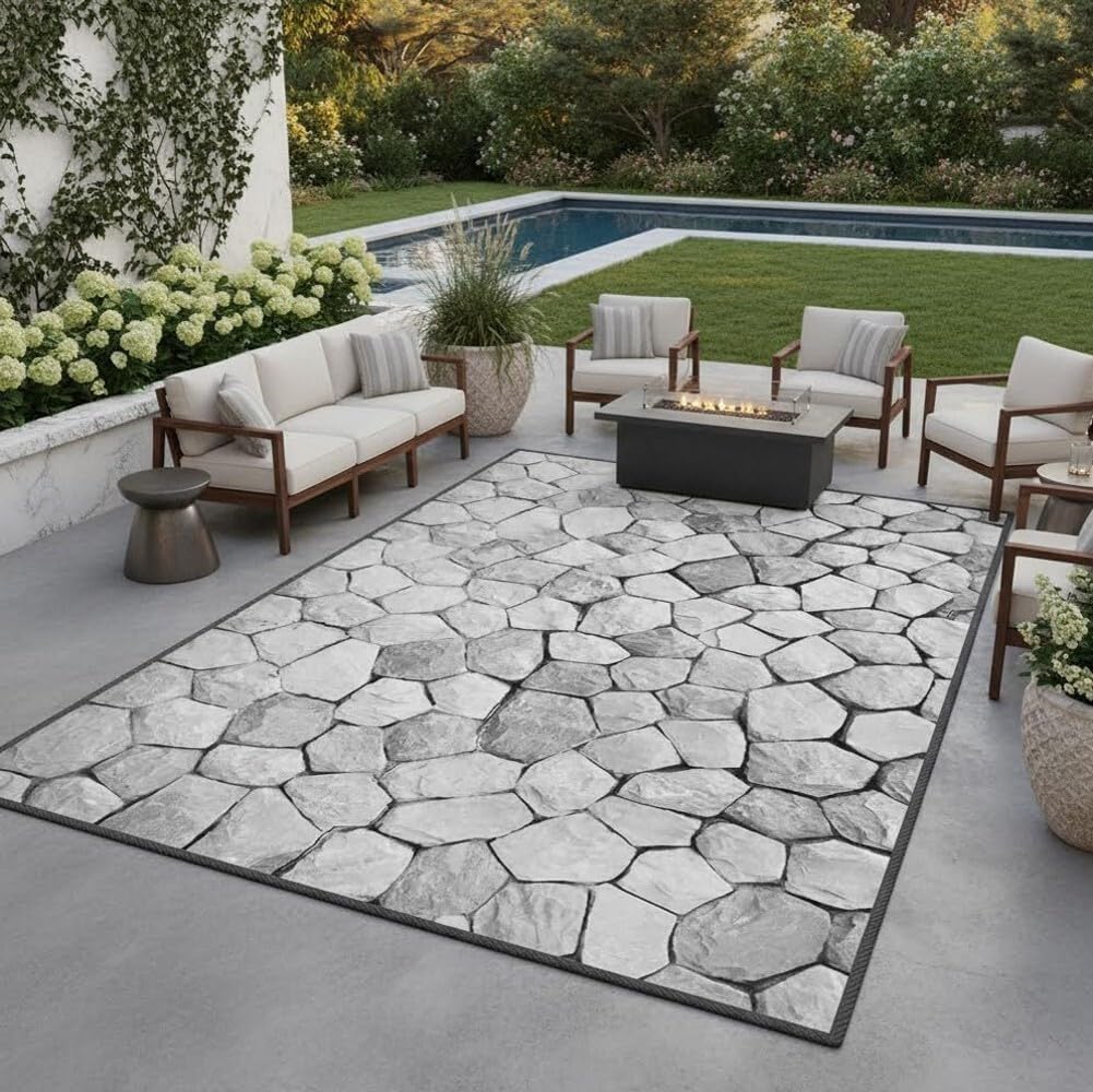 Modern Abstract Art Decor Stone Texture White Grey Waterproof Outdoor Area Rugs for Garden Balcony Backyard RV Camping Pool Patios Deck Carpets Quick Dry Easy Clean Thin Low Pile Floor Mats 5x7