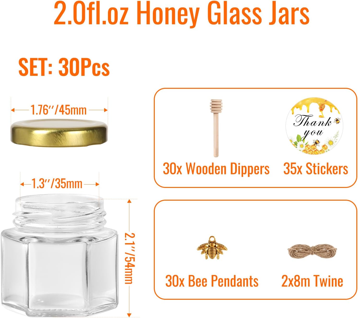 bigivaca 2 oz hexagon mini glass honey jars with wood dippers,30 pack small honey jars with gold lids,bee pendants,jutes,35 bee stickers,perfect for baby shower,wedding favors,party favors 2 oz-30 pack