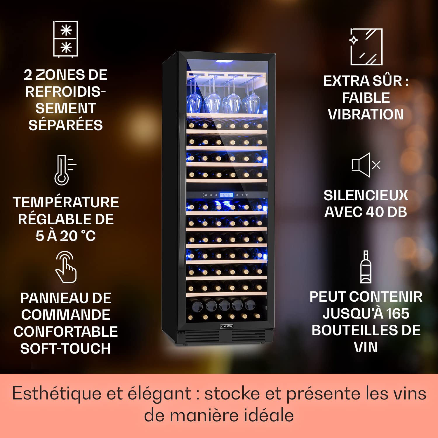 Klarstein Cave a Vin Encastrable, Caves à Vin de 425L avec une Porte en Verre, Cave a Vins à Double Zone, Bar Intérieur/Extérieur, Frigo a de Vieillissement, à 165 Bouteilles