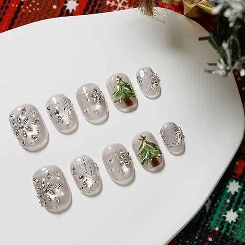 10Pcs Christmas Press on Nails Short Square Fake Nails 3D