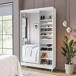 Sapateira 2 Portas de Correr com Espelho e 20 Prateleiras Ajustáveis Diamante Yescasa Branco