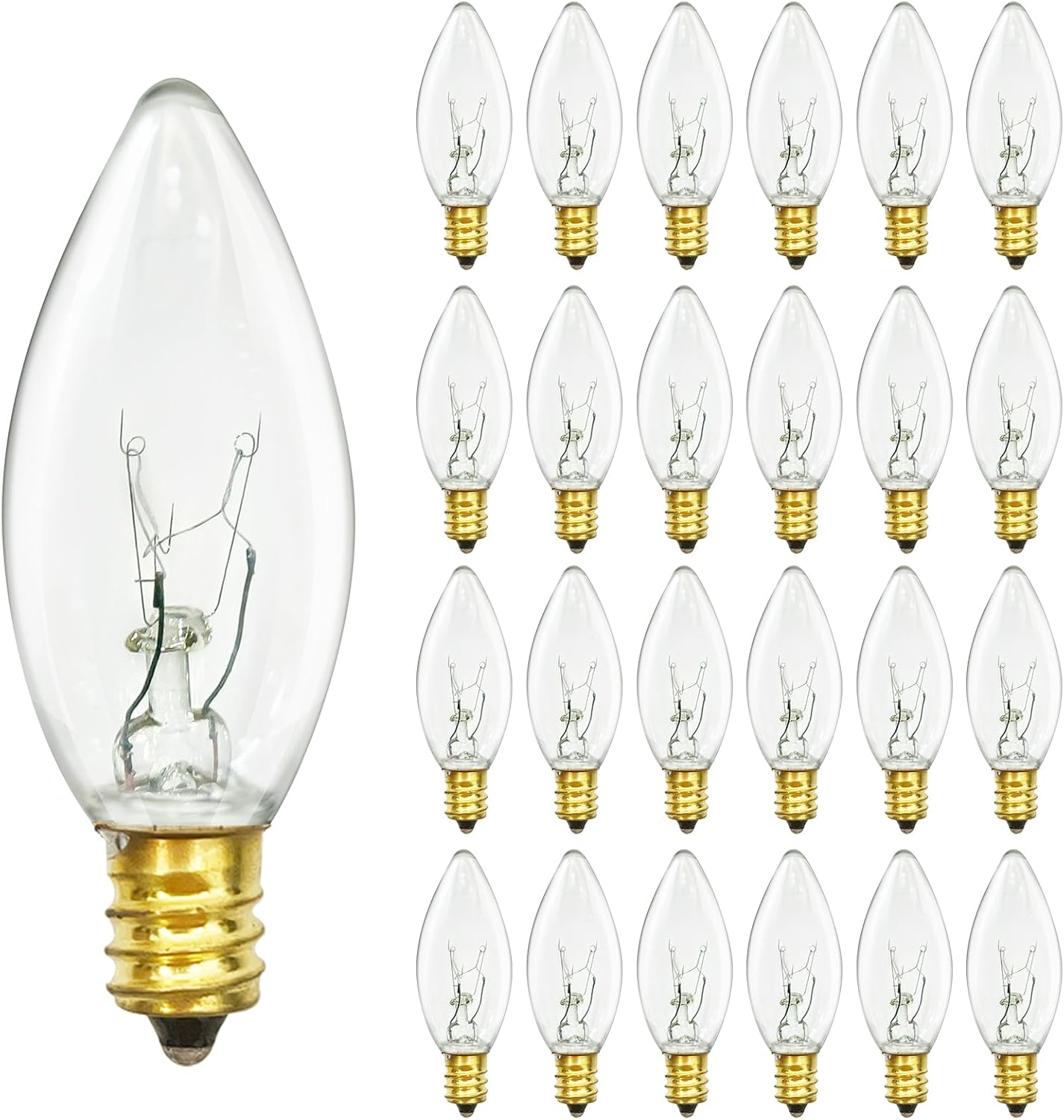 25PK C26 Christmas Incandescent Light Bulbs for Electric Window Candles Lamps, 7 Watts E12 Candelabra Base String Light Bulbs Replacement, Waterproof Clear Night Lights for Xmas Tree Indoor Decor