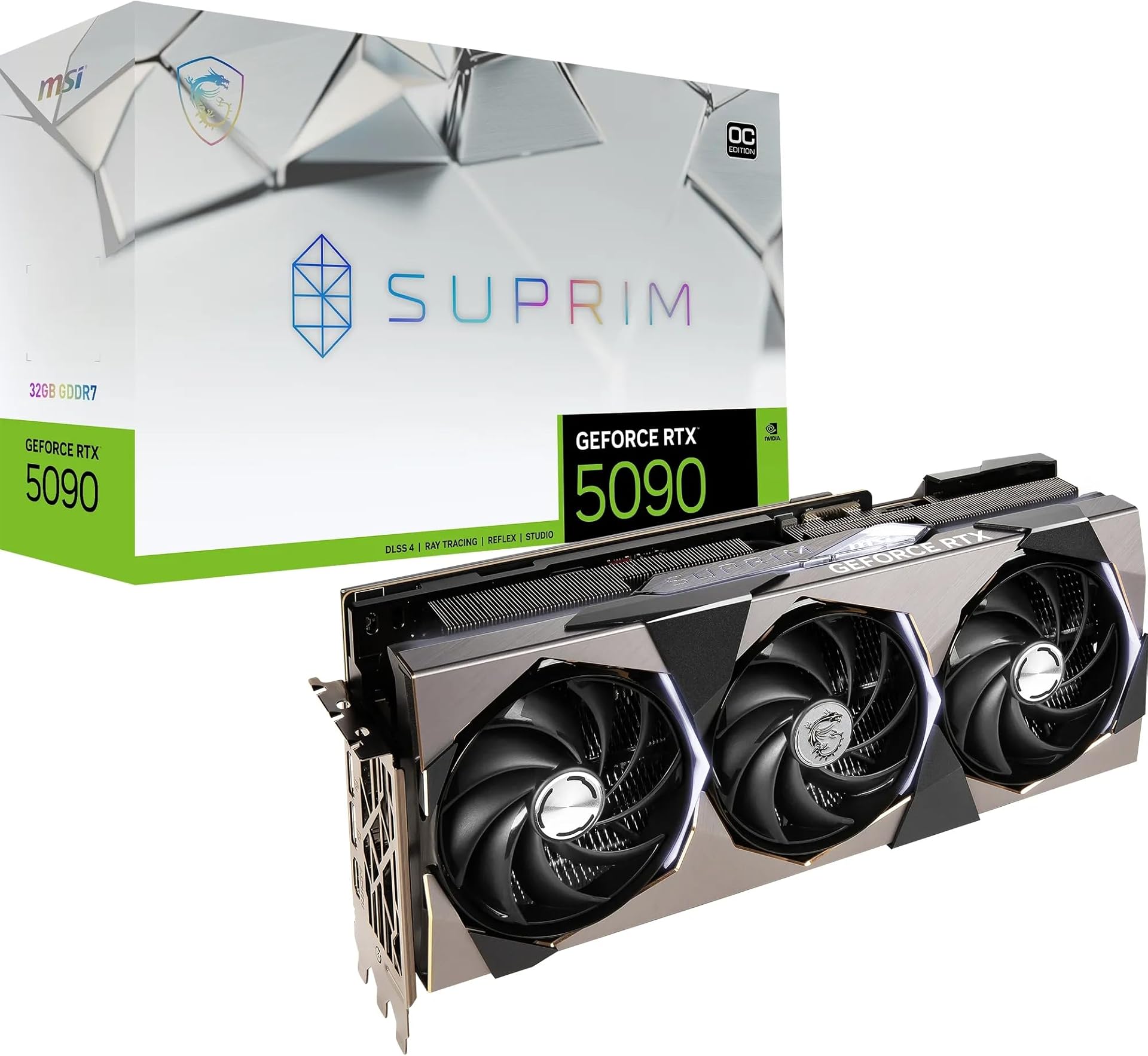 MSI GeForce RTX 5090 32G SUPRIM SOC Graphics Card - RTX 5090 GPU, 32GB GDDR7 (28Gbps/512-bit), PCIe 5.0 - HYPER FROZR (3 x STORMFORCE Fan) - Gaming & Silent Mode, RGB - HDMI 2.1b, DisplayPort 2.1b