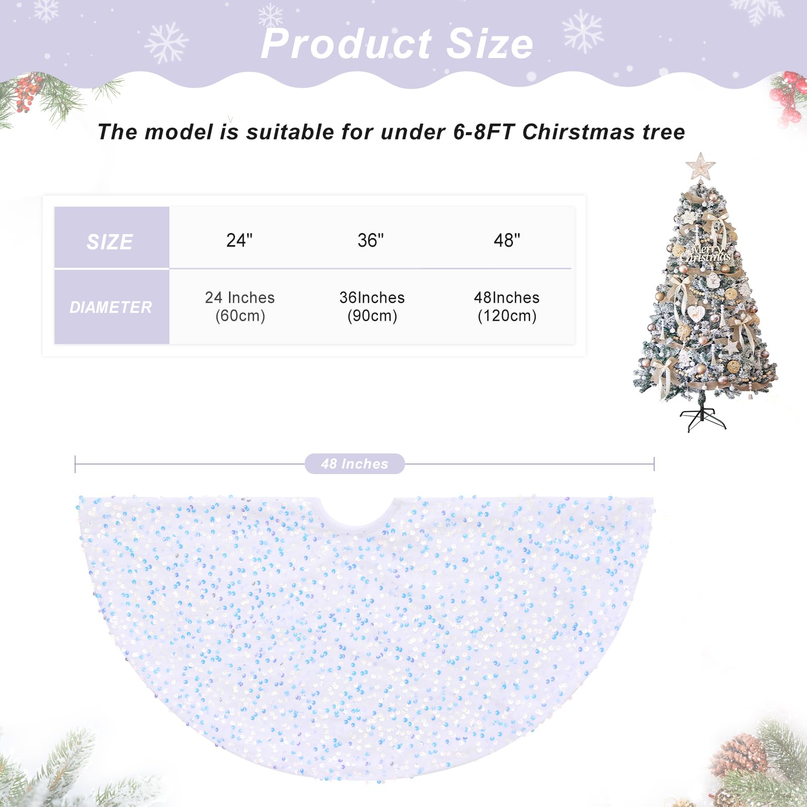 Gonna per albero di Natale con paillettes, 122 cm, rotonda, in velluto, con paillettes bianche iridescenti glitterate, per decorazioni dell'albero di Natale