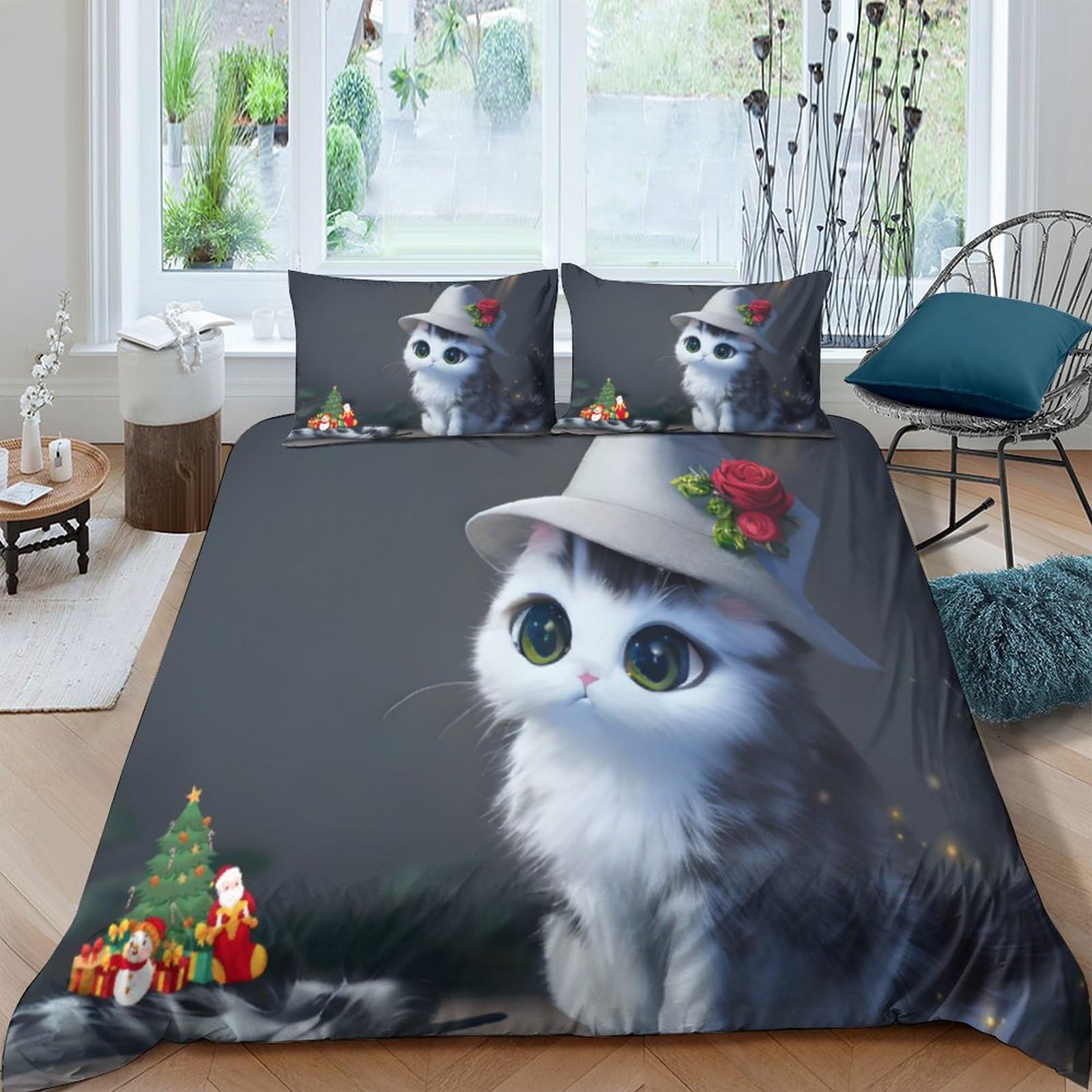 Housse de couette 200x200 anti-plis en microfibre motif chat de Noël