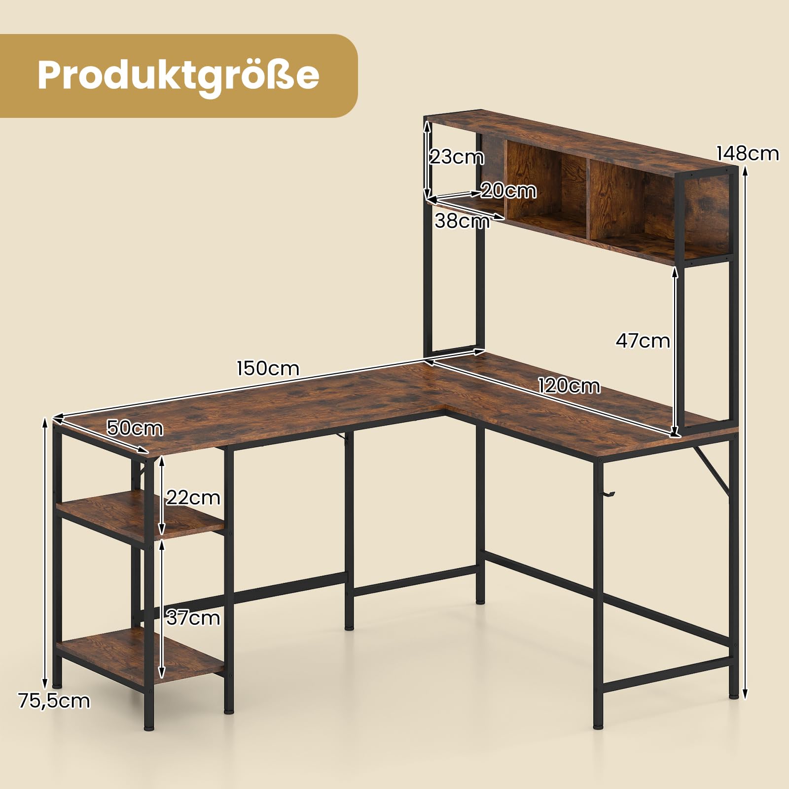 COSTWAY Biurko narożne w kształcie litery L z półkami i haczykami, duże biurko komputerowe 150 x 120 cm z regałem na książki, stół gamingowy z metalową ramą do domu i biura