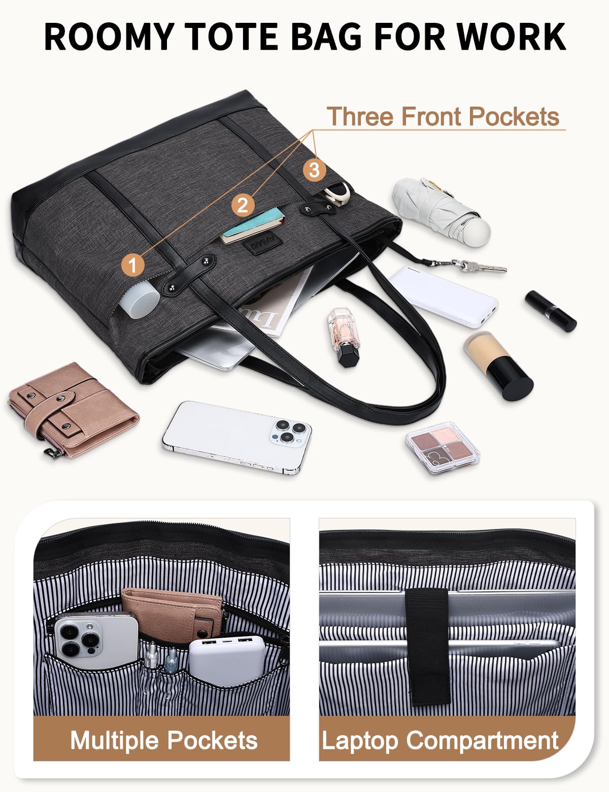 RAVUO Borsa Donna Grande, Elegante Laptop Tote Bag Università Borsa Lavoro Porta PC 15,6 Pollici Borse Tracolla Porta Business Ufficio Nera