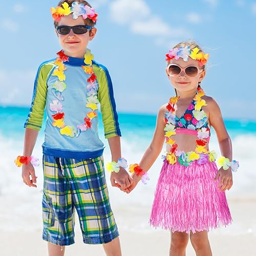 Vista 5 de Paquete de 5 faldas hawaianas de hierba hula, falda de baile de hula con accesorio de disfraz de flores hawaianas para fiesta de hula