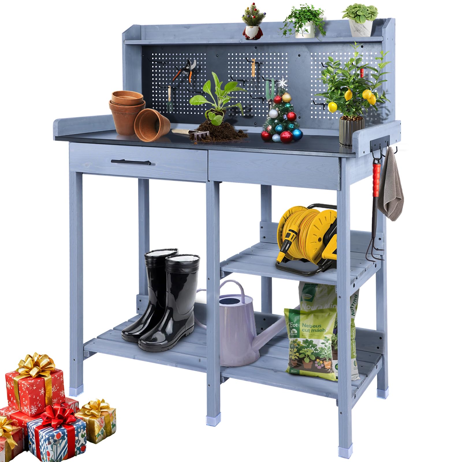 - Outdoor Potting Bench Table,Garden Work Bench Metal Tabletop Horticulture with Shelf Rack Wooden Potting Benches for Outside with Holey Board/Hooks/Pads/Drawer/Adjustable and Cabinet,Gray