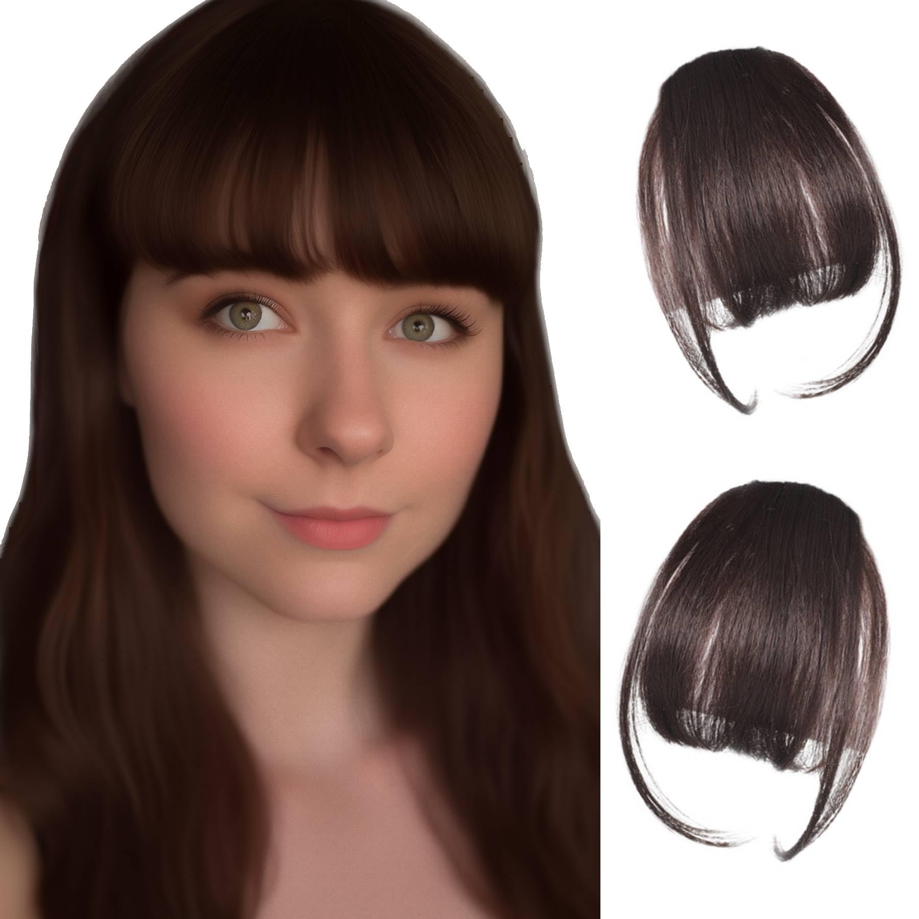 Clip in Fringe Human Hair Extensions, Clip-in-Bangs Air Bangs, Fake Hairpieces for Women (Dark Brown), 6 inches (fringe)