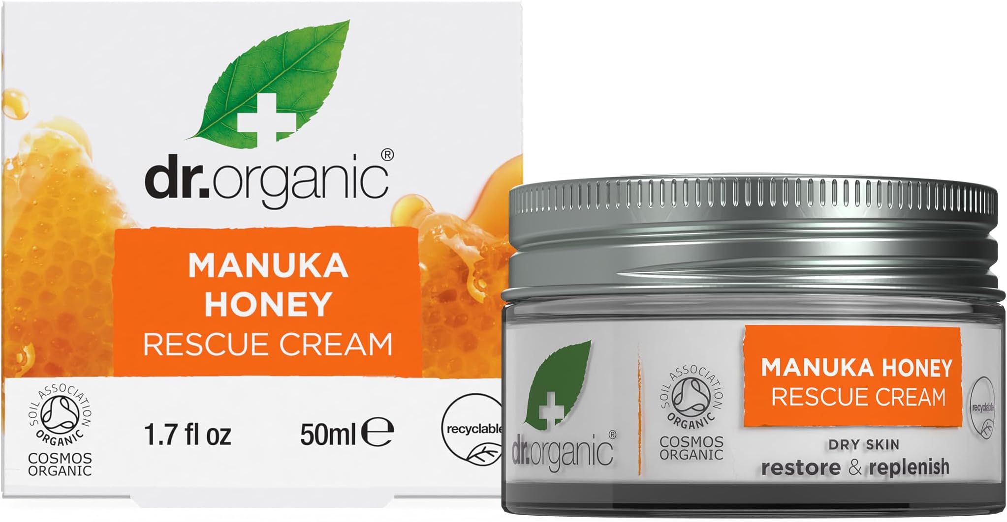 Dr Organic Manuka Honey Rescue Cream, Dry Skin, Mens, Womens, Natural, Vegetarian, Cruelty-Free, Paraben & SLS-Free, Certified Organic, 50ml, Packaging may vary