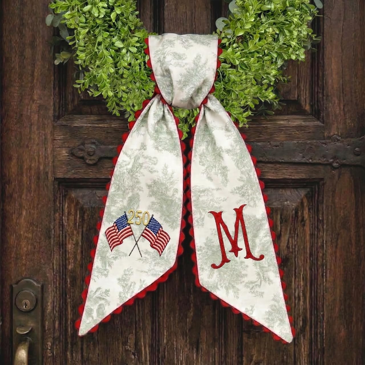 Personalized Patriotic Wreath Sash, Custom Embroidered 250 Anniversary Decor, Monogrammed Ribbon for Front Door, Memorial Day, 4th of July (Patriotic 5)