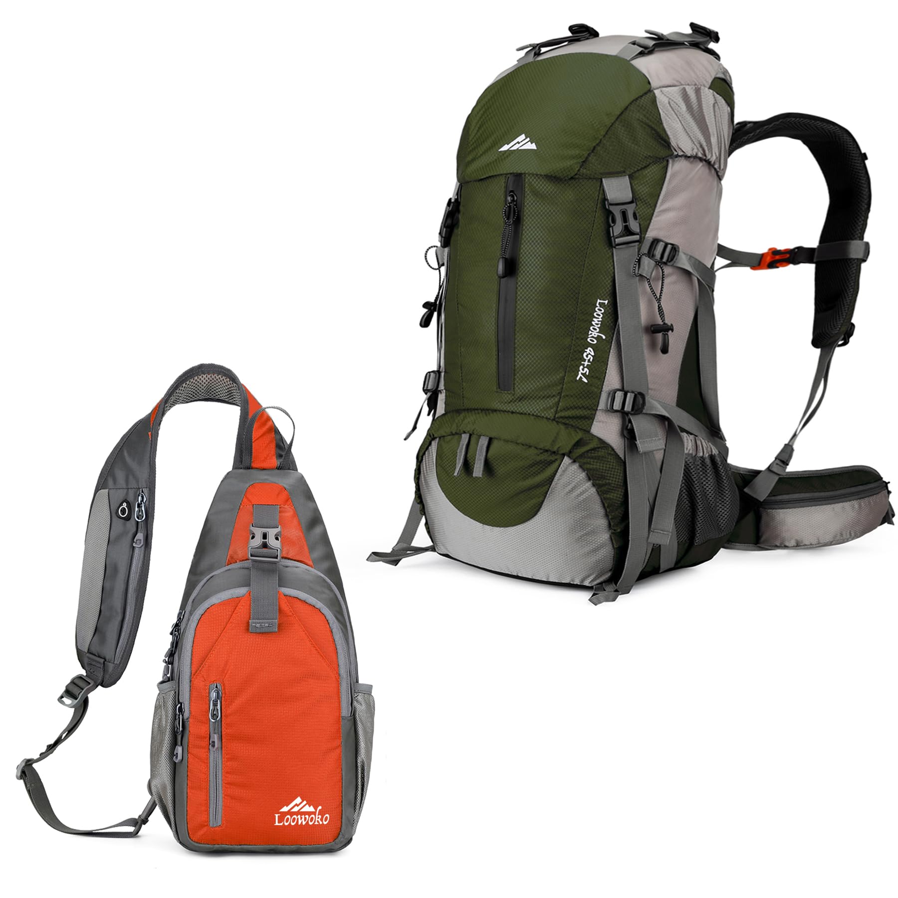 Loowoko Hiking Backpack/Sling Bag, 50L Green + 5L Orange