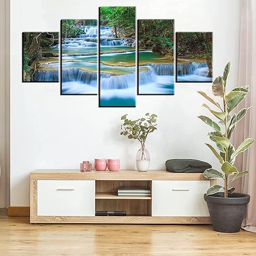 Miniatura 6 de SZ - Lienzo decorativo para pared en cascada para sala de estar, 5 piezas de impresiones de estanque relajante en bosque tropical (montaje con