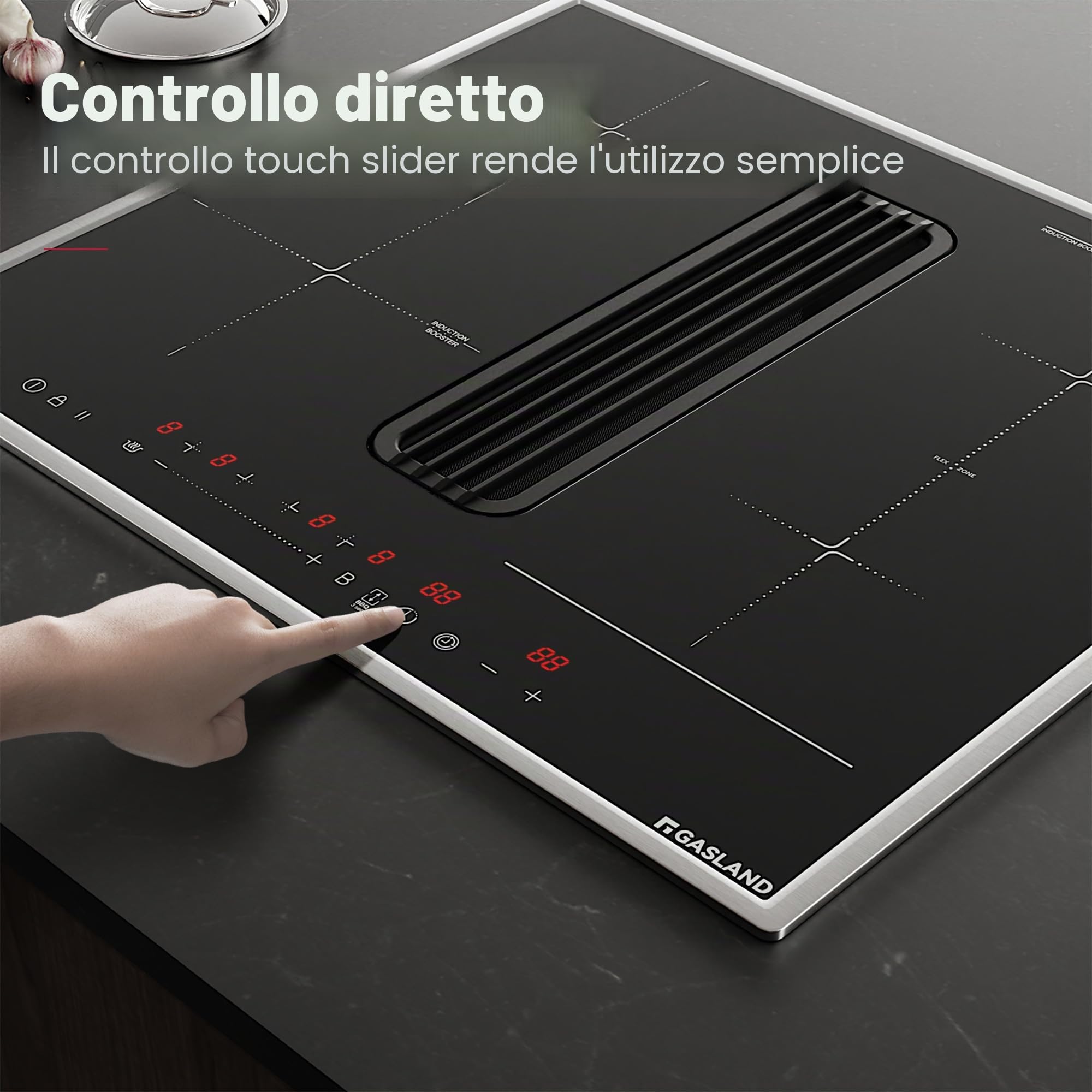 GASLAND IH604BFRB Piano cottura a induzione da 60 cm autonomo con cappa integrata, 4 zone di cottura a induzione con cornice in acciaio inox, PowerBoost, 7400W (senza piastra per grigliate)