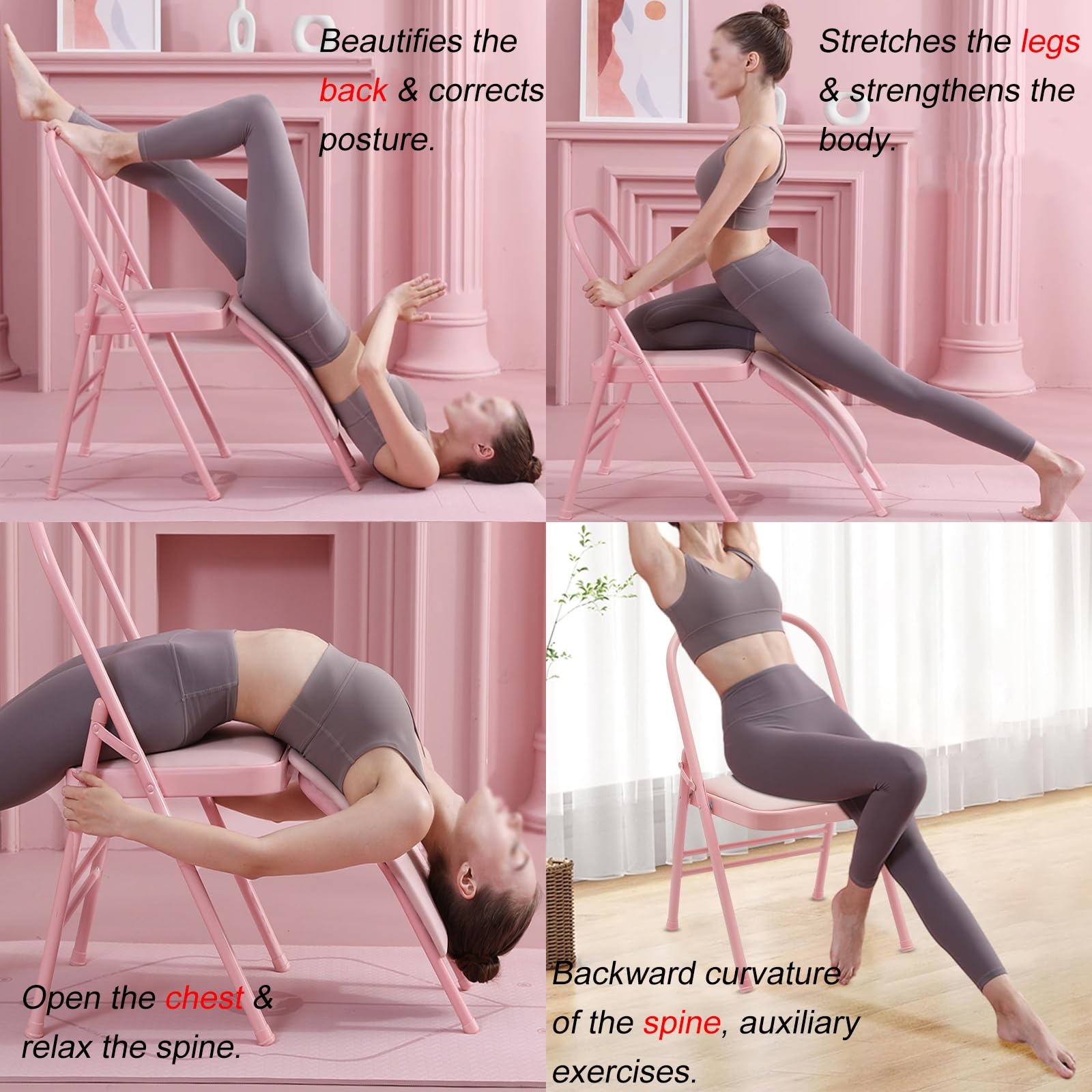 Sedia yoga Sedia Yoga Pieghevole Con Supporto Lombare Rimovibile, Strumento Di Allenamento Per L'inversione Dell'equilibrio Con Cuscino In PU, Sedia Yoga Per Esercizi Per La Vita/ I Glutei(Pink)