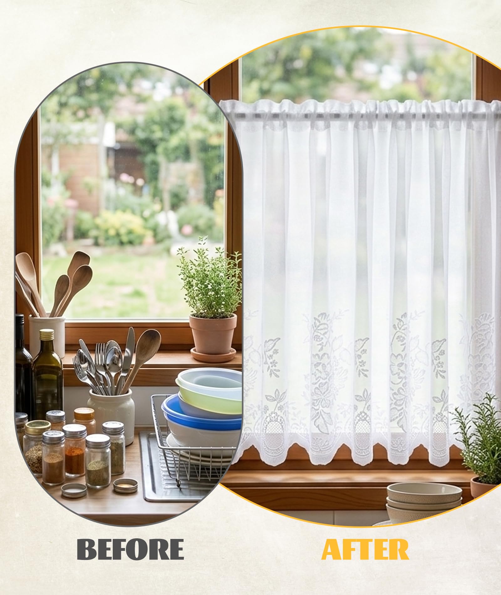 Kitchen Curtains, Kitchen Curtains for Open Kitchen, Flower Design Sheer Curtain for Window Privacy and Light Control, Embroidered Kitchen Window Valance 132x46cm 2
