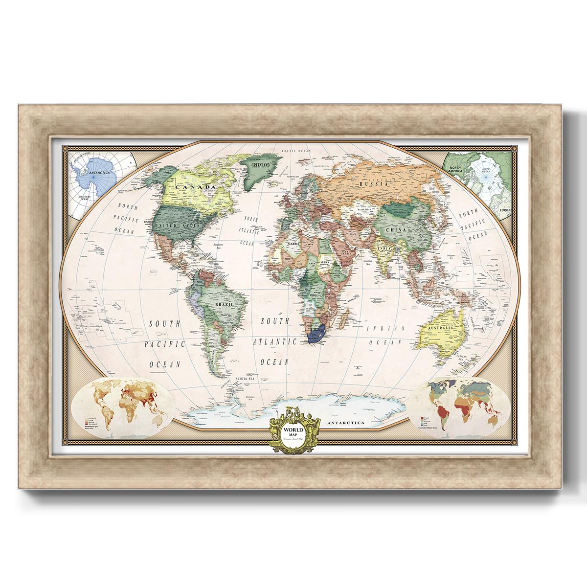 Renditions Gallery Colorful World Map Canvas Wall Art with Champagne Gold Frame Wall Hanging Travel Map with Push Pins for Home, Office, Classroom