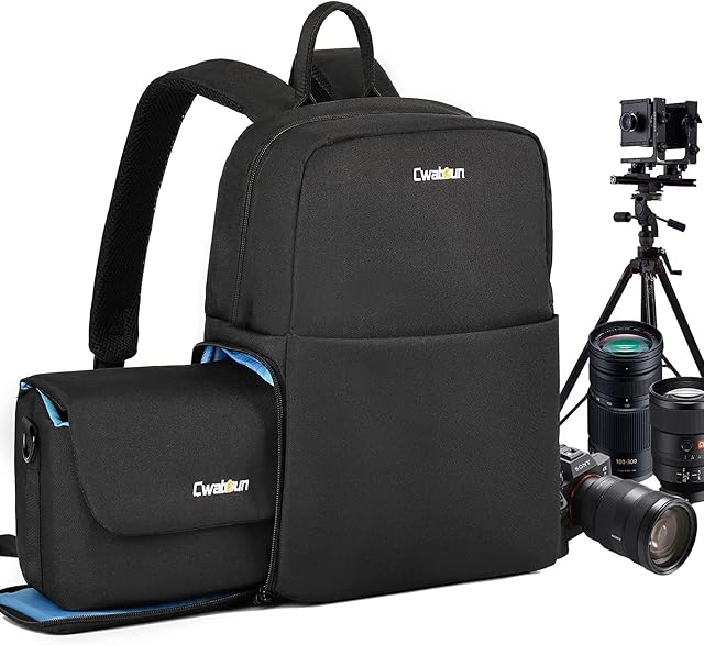Cwatcun Camera Backpack Bag Side Access Camera Bag for DSLR Mirrorless SLR Cameras, with 14" Laptop Compartment Waterproof, Compatible for Sony Canon Nikon Camera and Lens Tripod Accessories BLACK-M