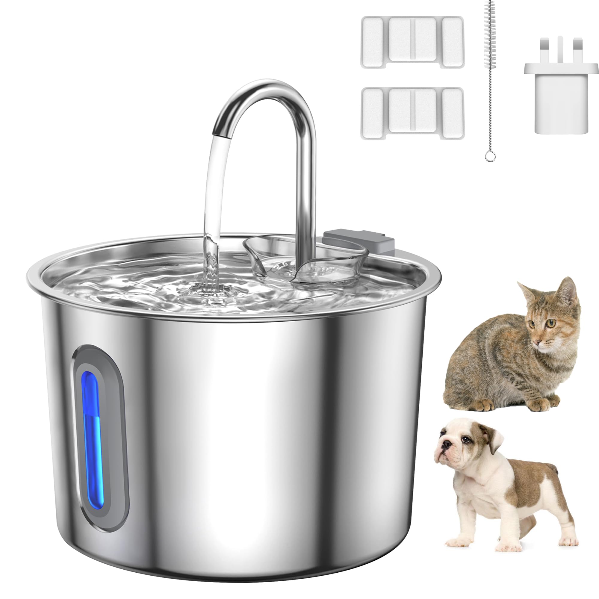 Dog Water Fountain for Drinking 2.2L Pet Fountain Dispenser Transparent with 2 Replacement Filters 1 Sponges for Cats Puppy Indoor