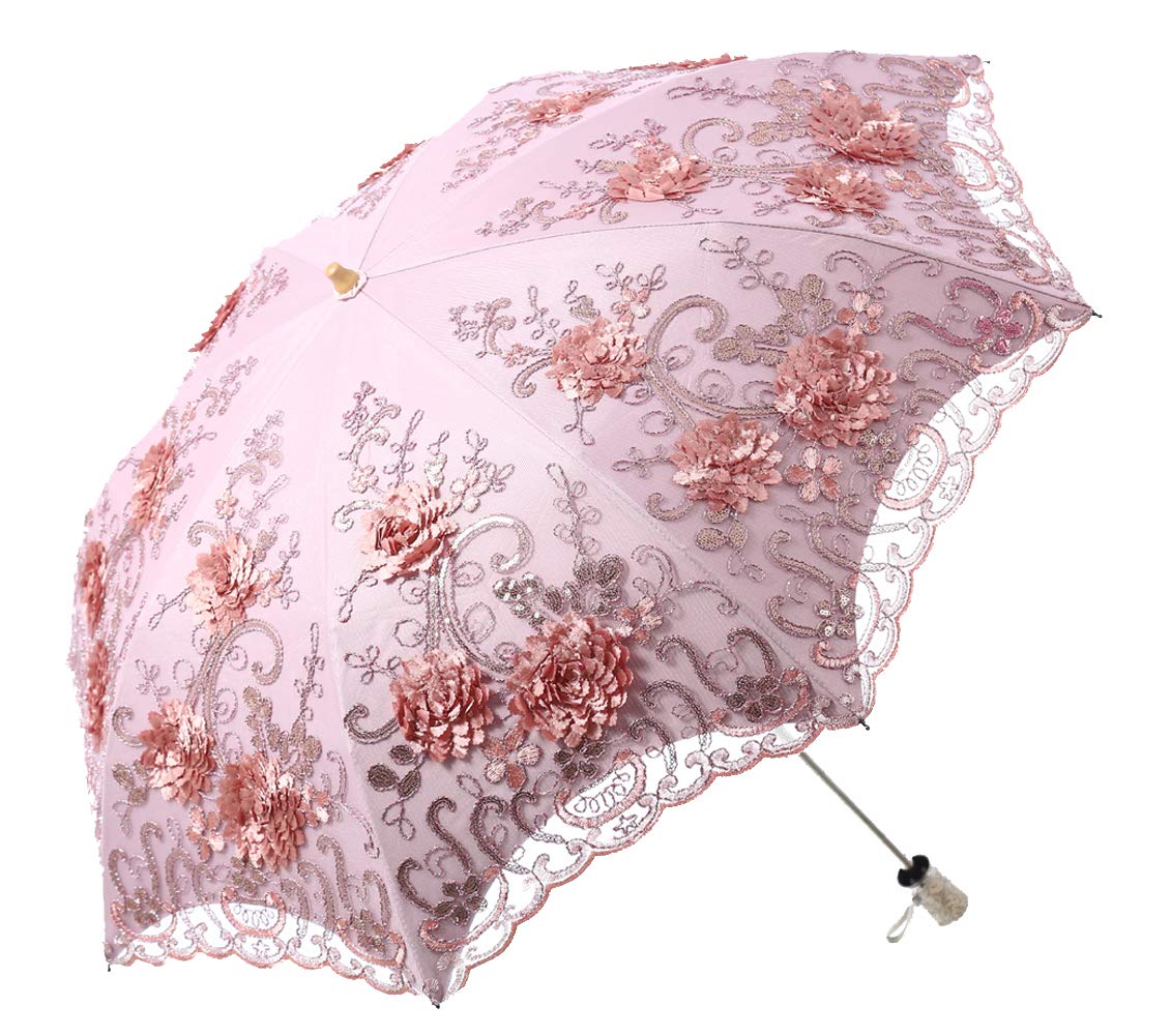LCYLadies Embroidered Lace Double-deck Anti-UV Parasol Umbrella Sun/Rain/Snow Folding Umbrella