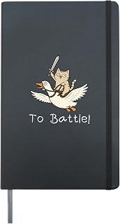 To Battle! Funny Cat with Sword on Goose in Fantasy Hardcover Journal, Black