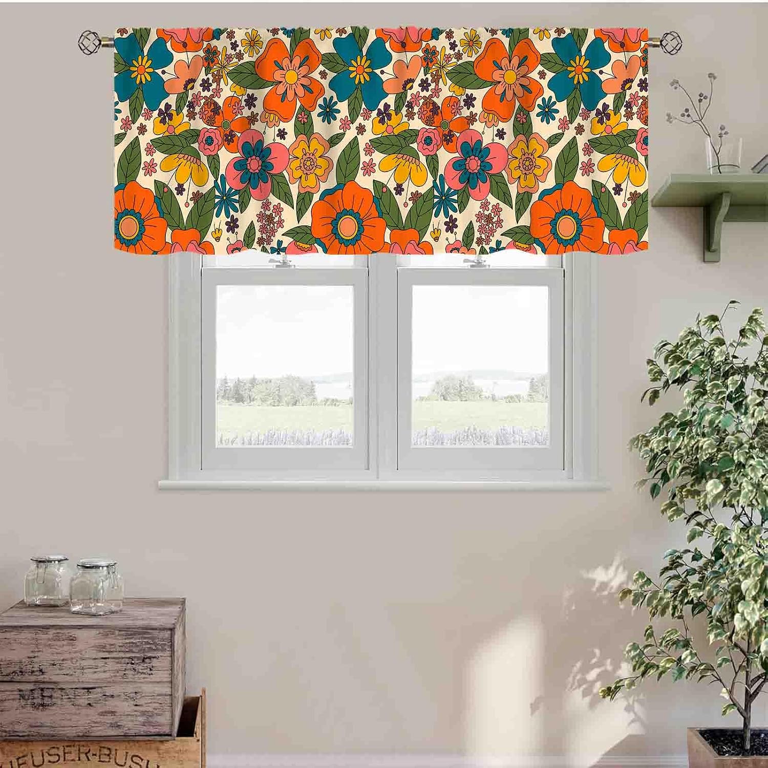Funky Floral Kitchen Curtains, Retro Vintage 70S Hippie Groovy Boho Flower Trippy Modern Aesthetric Rod Pocket Small Window Valance for Cafe Living Room Bedroom Bathroom, 54"x18" Inch