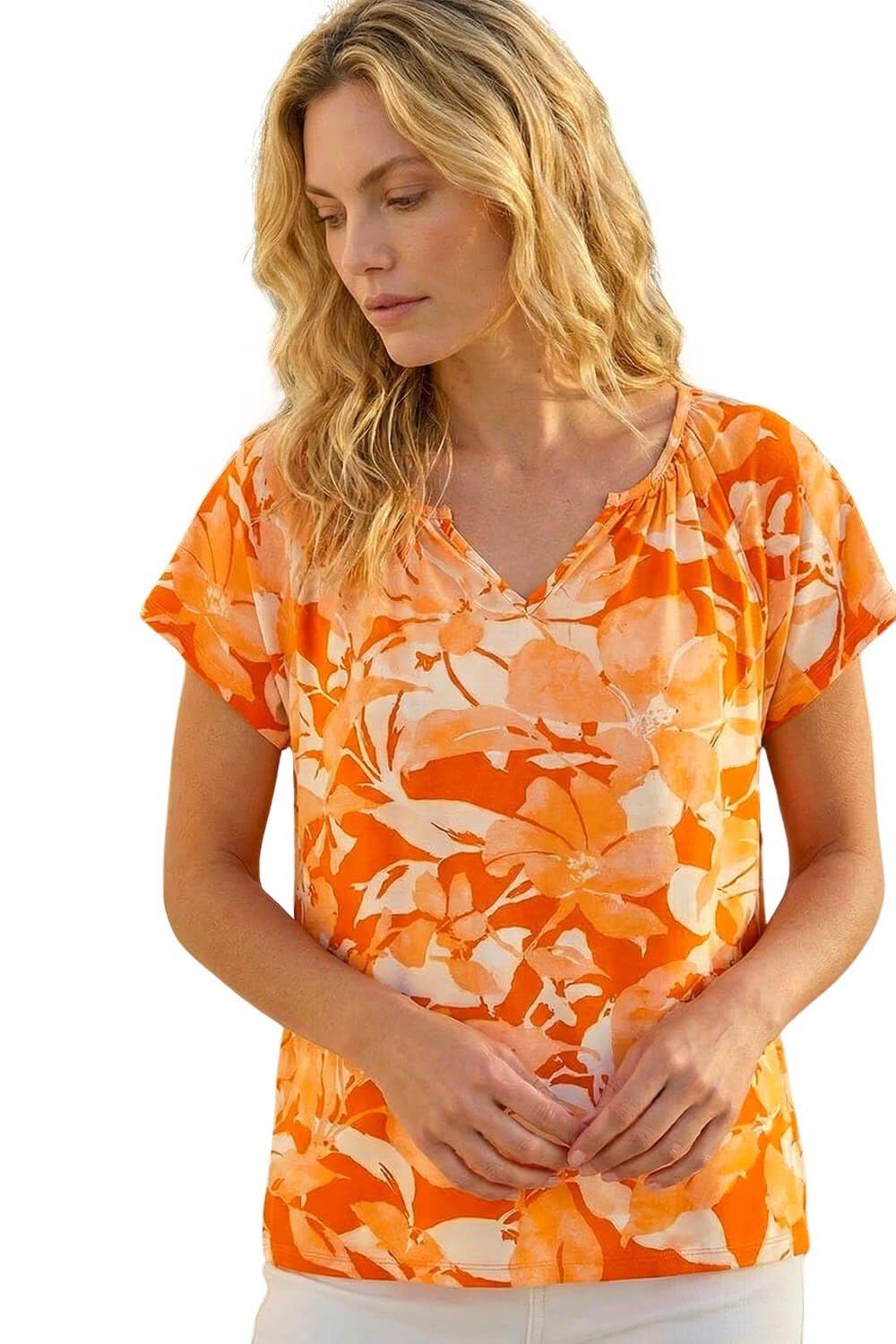 Roman Originals Women's Orange Abstract Print Hanky Hem Stretch Top For Uk - Everyday Holiday Spring Summer V-Neckline Comfy Soft Evening Vacation Work Party - Size 20