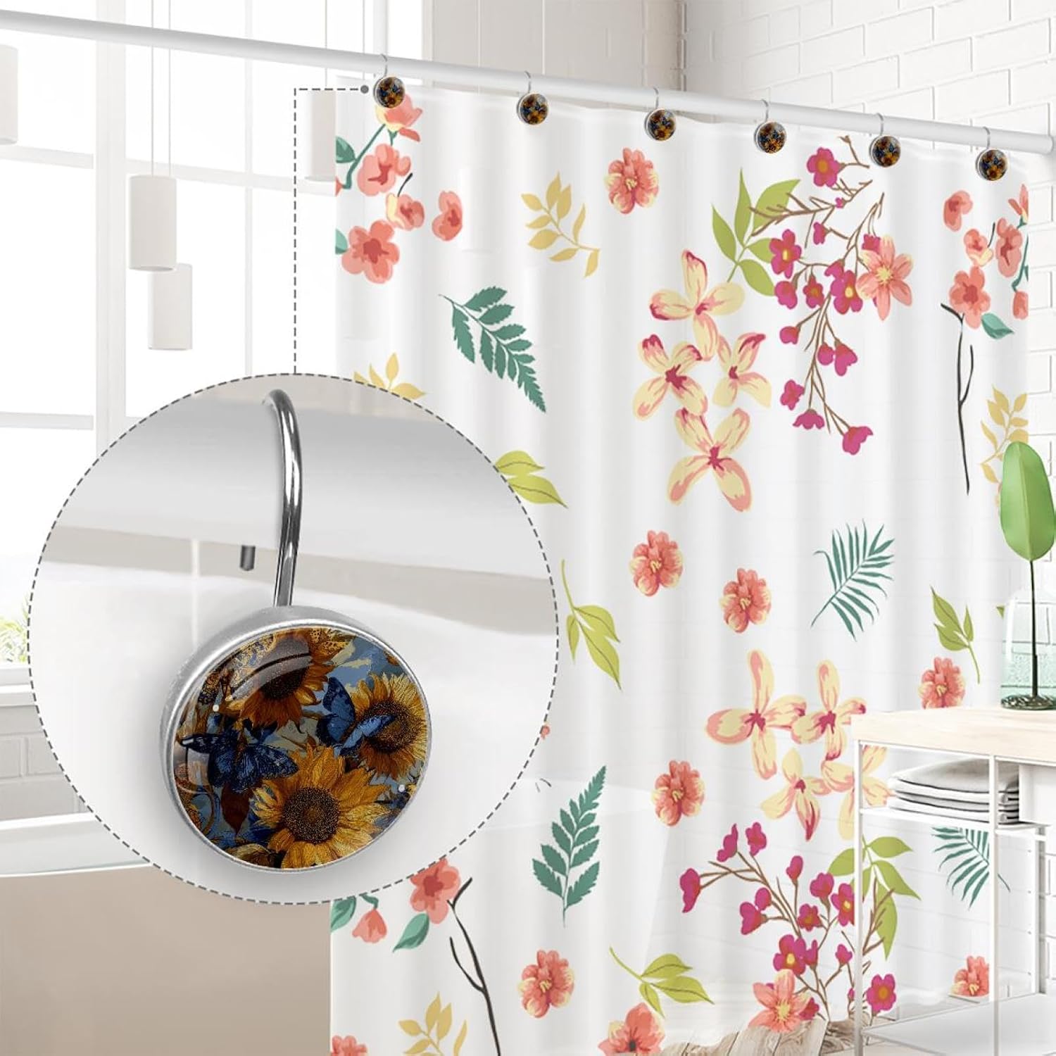 12PCS Butterflies Sunflowers (2) Shower Curtain Hooks Metal Rust Resistant Decorative Shower Curtain Hooks Bathroom Decorations