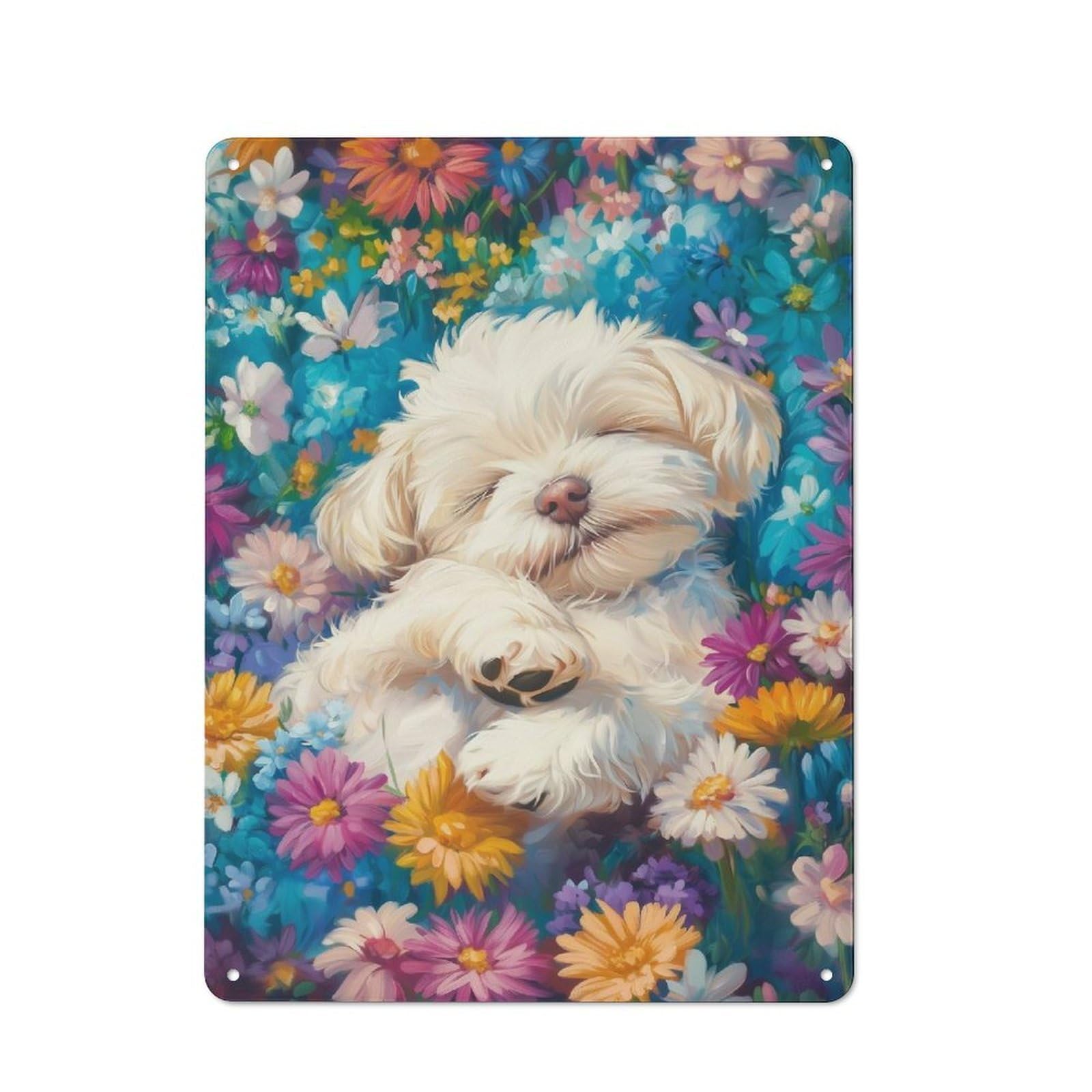Junmoney Sleeping Dog In Floral Meadow Cottage Style Metal Wall Decor 40X30cm, Farmhouse Metal Sign For Farmhouse Kitchen, Pantry Or Dining Area