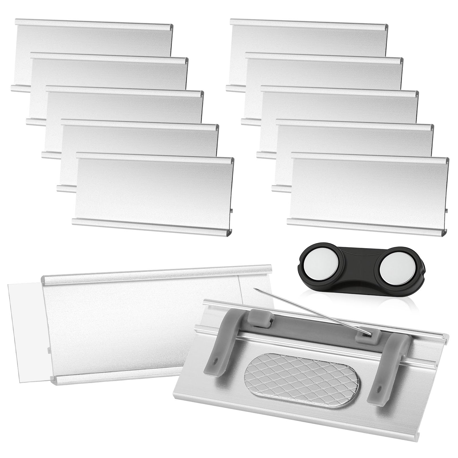 AOOTE Aluminium Name Badges Magnet, 10Pcs Aluminium Name Plates with Pin and Strong Double Magnets, Names Badges for Clothing Magnet for Work, Exhibition, Restaurant, School, Trade Shows