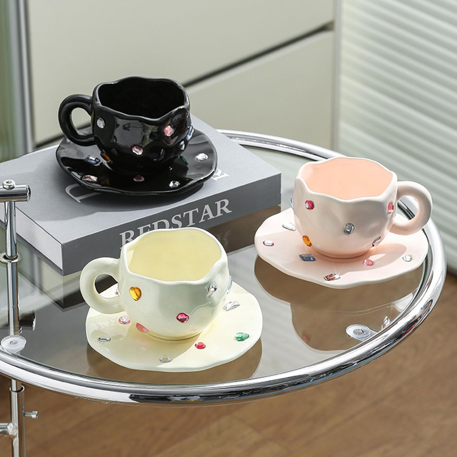 Tazza da caffè, tazza da caffè in ceramica con set di piattini, tazza da caffè creativa con pietre preziose, tazza da caffè irregolare for casa e ufficio, perfetta for latte, tè e latte(Black)