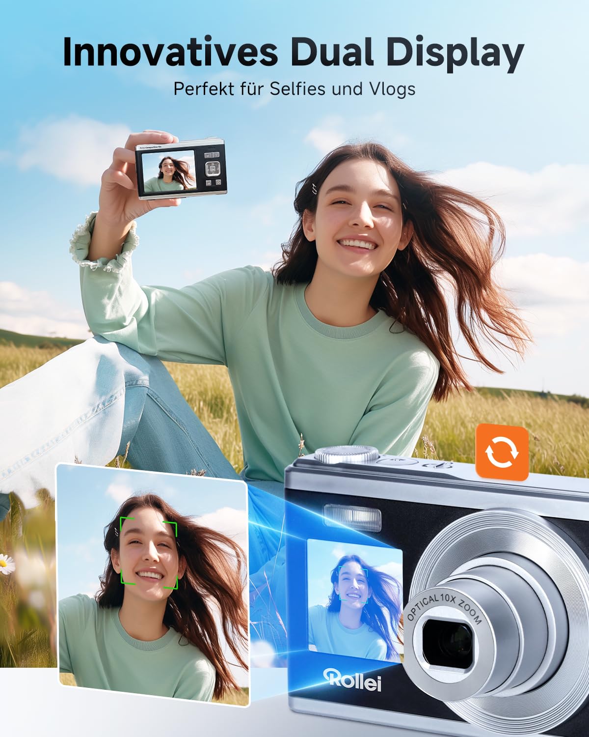 Rollei Compactline 10X Digitalkamera, 20MP FHD Kompaktkamera 10X Optischer Zoom & Selfie Display Tragbar Fotoapparat für Vlog unterwegs Reise Schwarz Silber, Digital-Kamera-Kompaktkamera-Fotoapparat