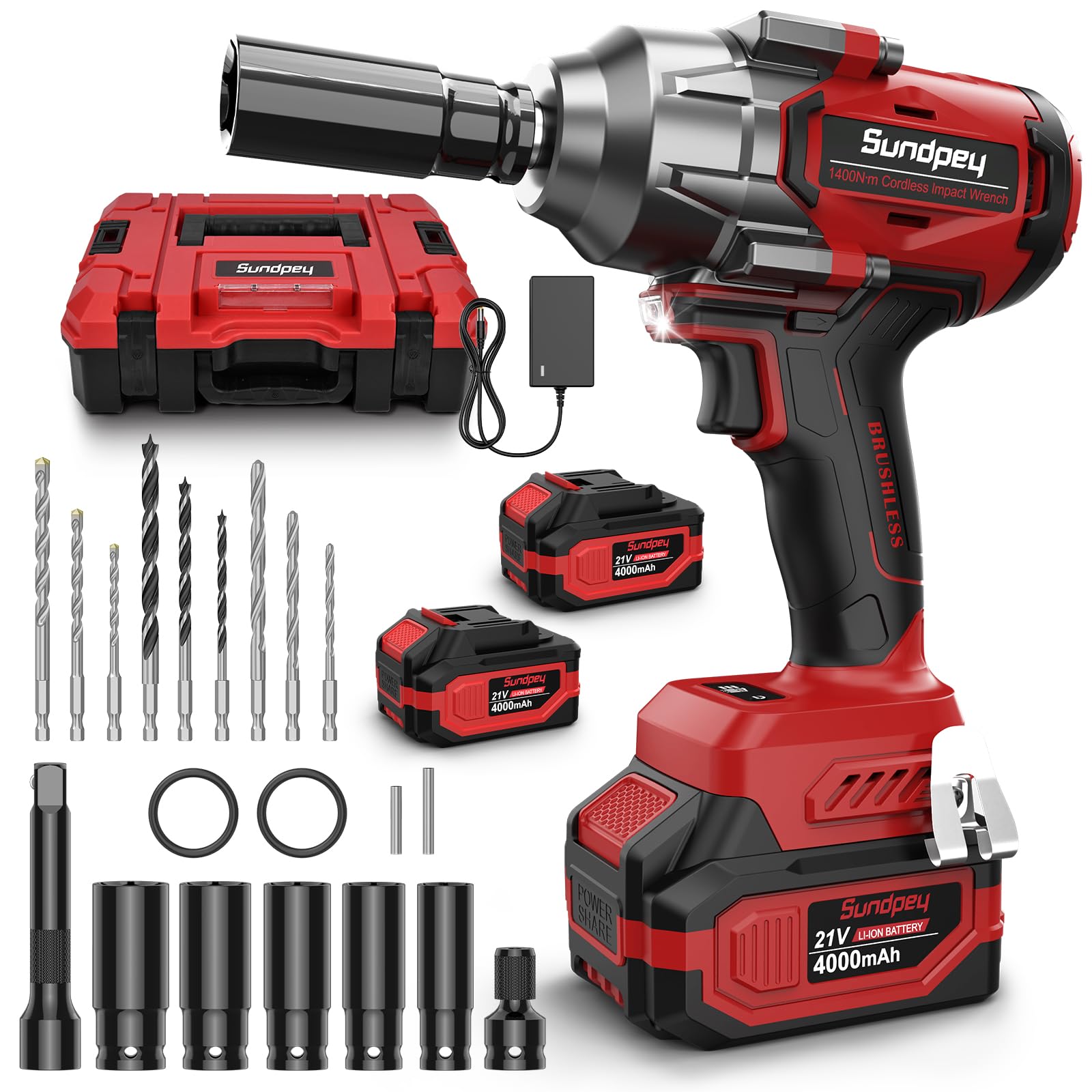 Sundpey 1400 N.m Avvitatore a Impulsi Brushless, 21V Avvitatore ad Impulsi con 2 Batterie da 4.0 Ah & 5 Prese & 9 Punte per Trapano & Adattatore Esagonale da 1/2" per Auto Camion Casa