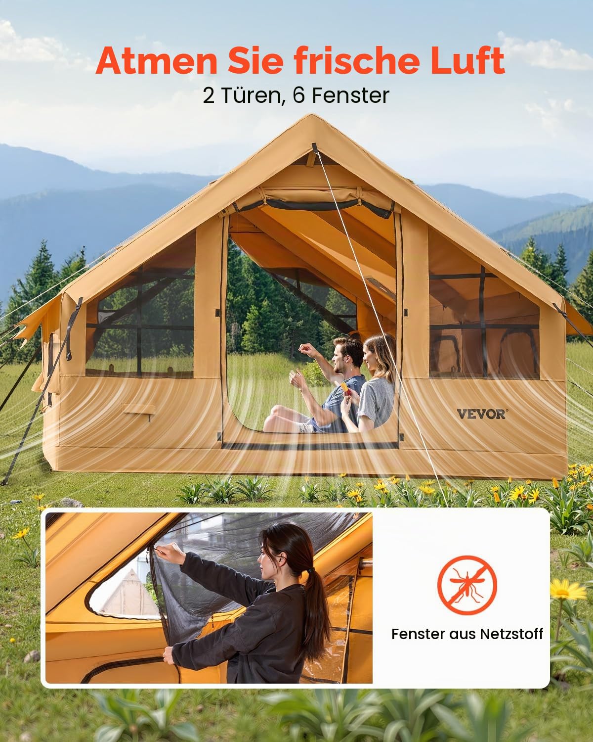 VEVOR Aufblasbare Zelte für Camping, einfach aufzubauen, aufblasbare Campingzelte mit Handpumpe, 300D Oxford 4-Jahreszeiten-Glamping-Zelt mit Herdwagenheber, Aufbewahrungstasche für einfaches