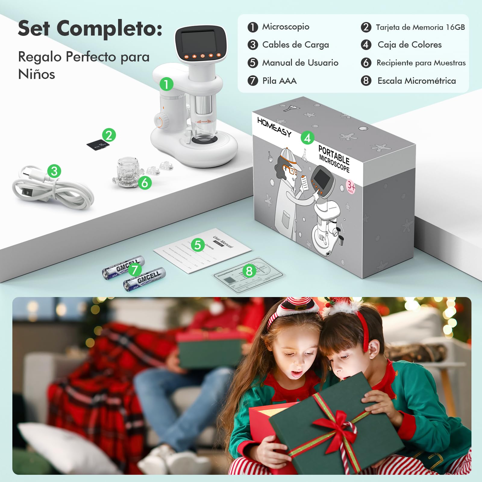 HOMEASY Microscopio para Niños Digital 50X a 1000X con Pantalla HD y Doble Luz LED Juguete Educativo para Aventuras Científicas Regalo Ideal para Niños con Set de Accesorios Incluido y Tarjeta SD 16GB