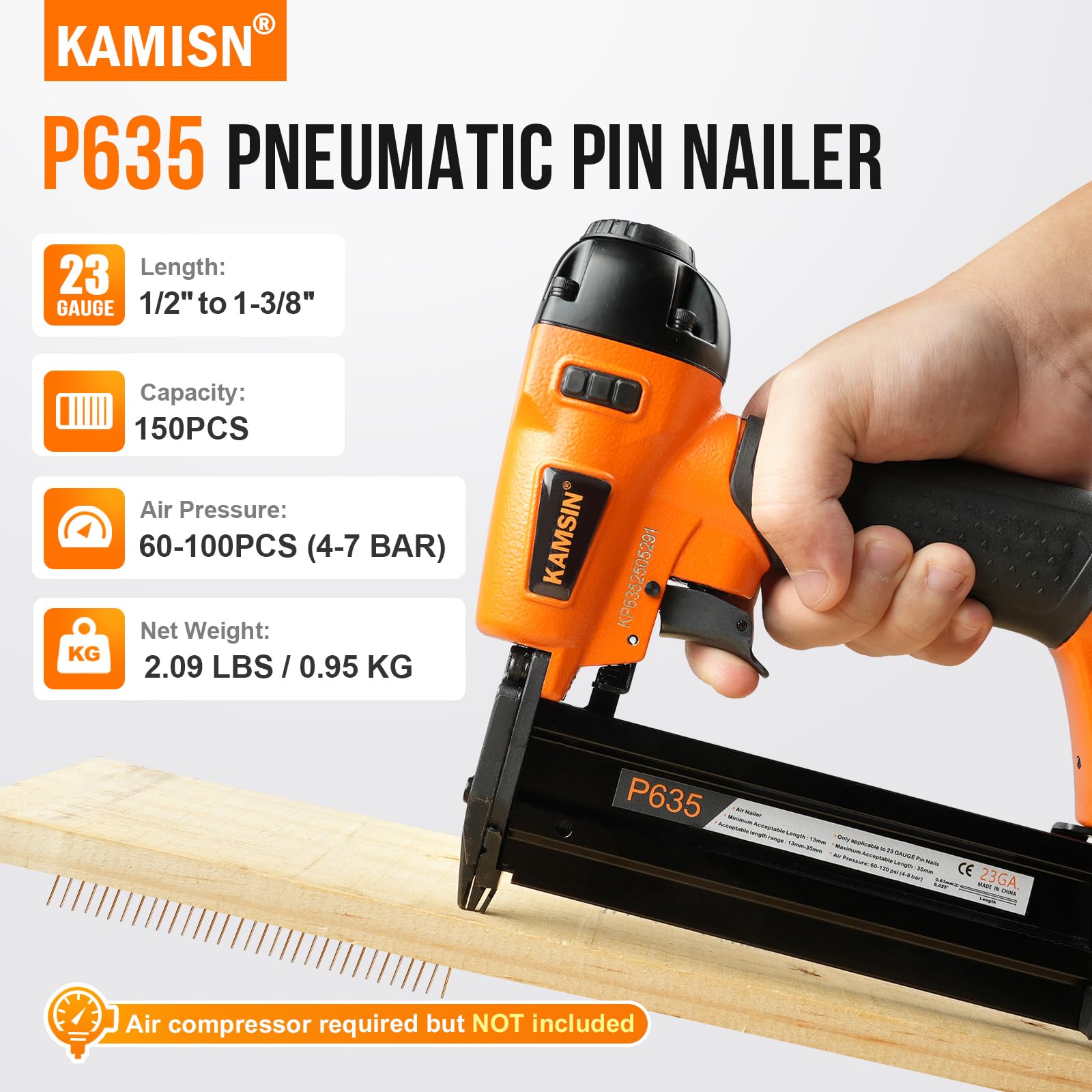Kamsin P635 Cloueuse pneumatique de calibre 23, accepte les clous à broches de 1,27 cm à 3,5 cm, pistolet à clous pneumatique avec verrouillage de sécurité, pistolet à épingler sans tête pour armoires