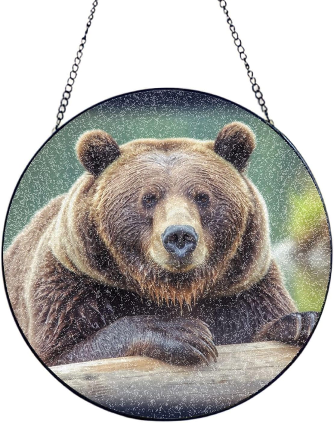 Stained Glass Window Hanging 6in（15cm）, Grizzly Bear Glass Suncatcher for Home Decor, Indoor Wall Art Glass Panel with Metal Chain and Hooks, Sun Catcher Ornament Birthday Gifts