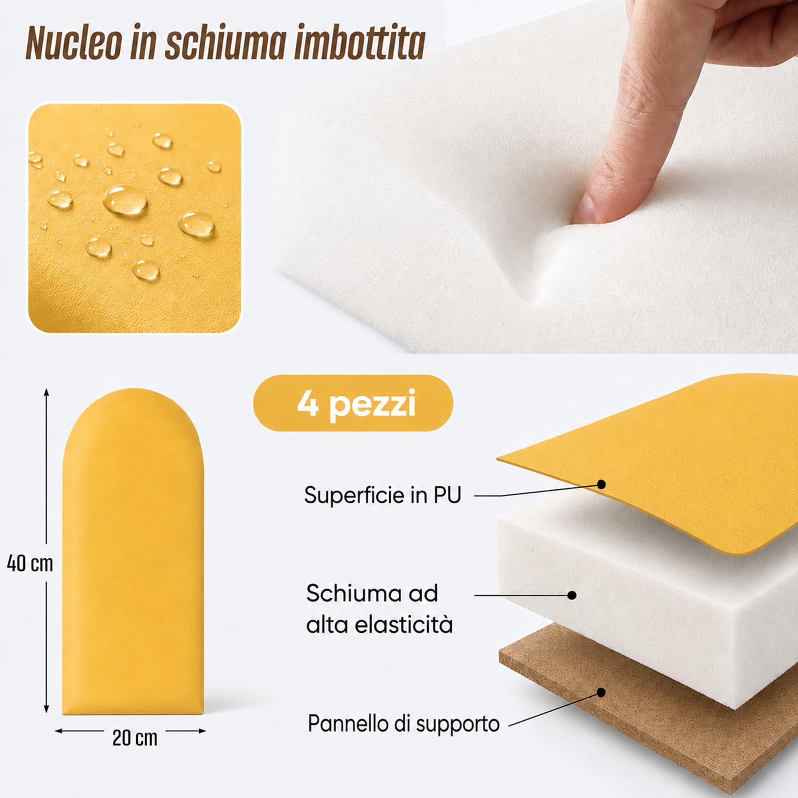 Pannelli da parete 3D, cuscinetti da parete autoadesivi, 4 pezzi, 20 x 40 cm, in poliuretano, impermeabili, per camera da letto, cameretta dei bambini (tonalità giallo)