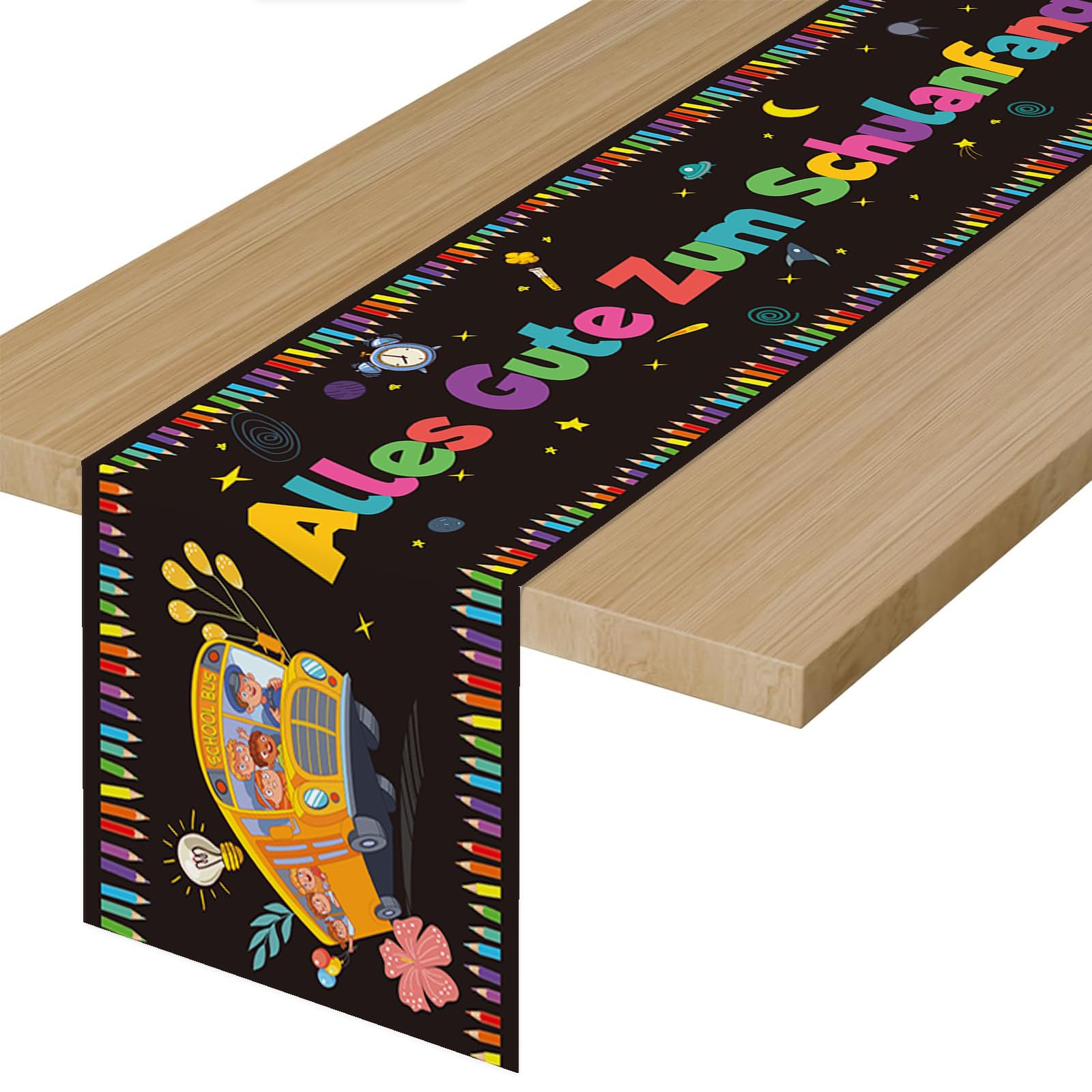 BURGEONAlles Gute Zum Schulanfang Table Runner for First Day of School Decoration, School Introduction Table Decoration, First Day of School Party Decoration (A, Black)