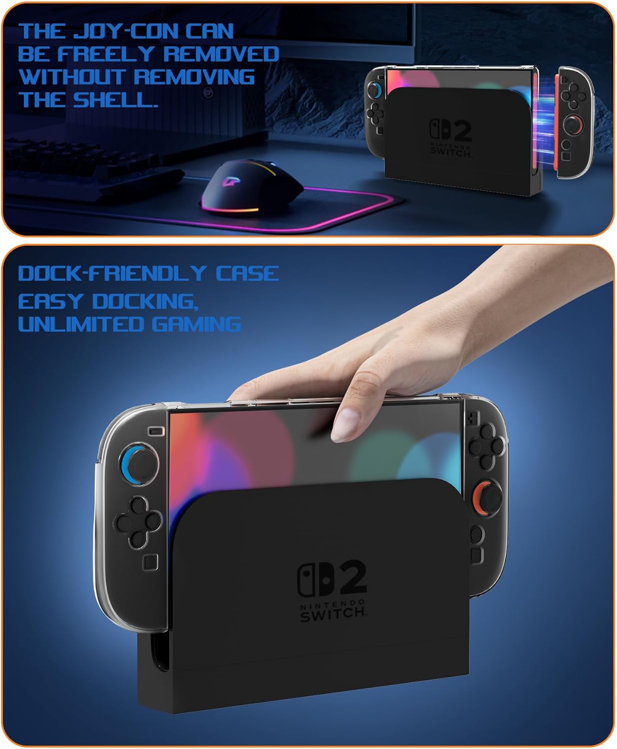 Dockable Clear Case Compatible with Nintendo Switch 2, Transparent Protective Cover Compatible with Nintendo Switch 2, 2 TPU Flat Covers for Joycon & 6 Thumb Grips, Shockproof, Anti-Scratch - Image 5