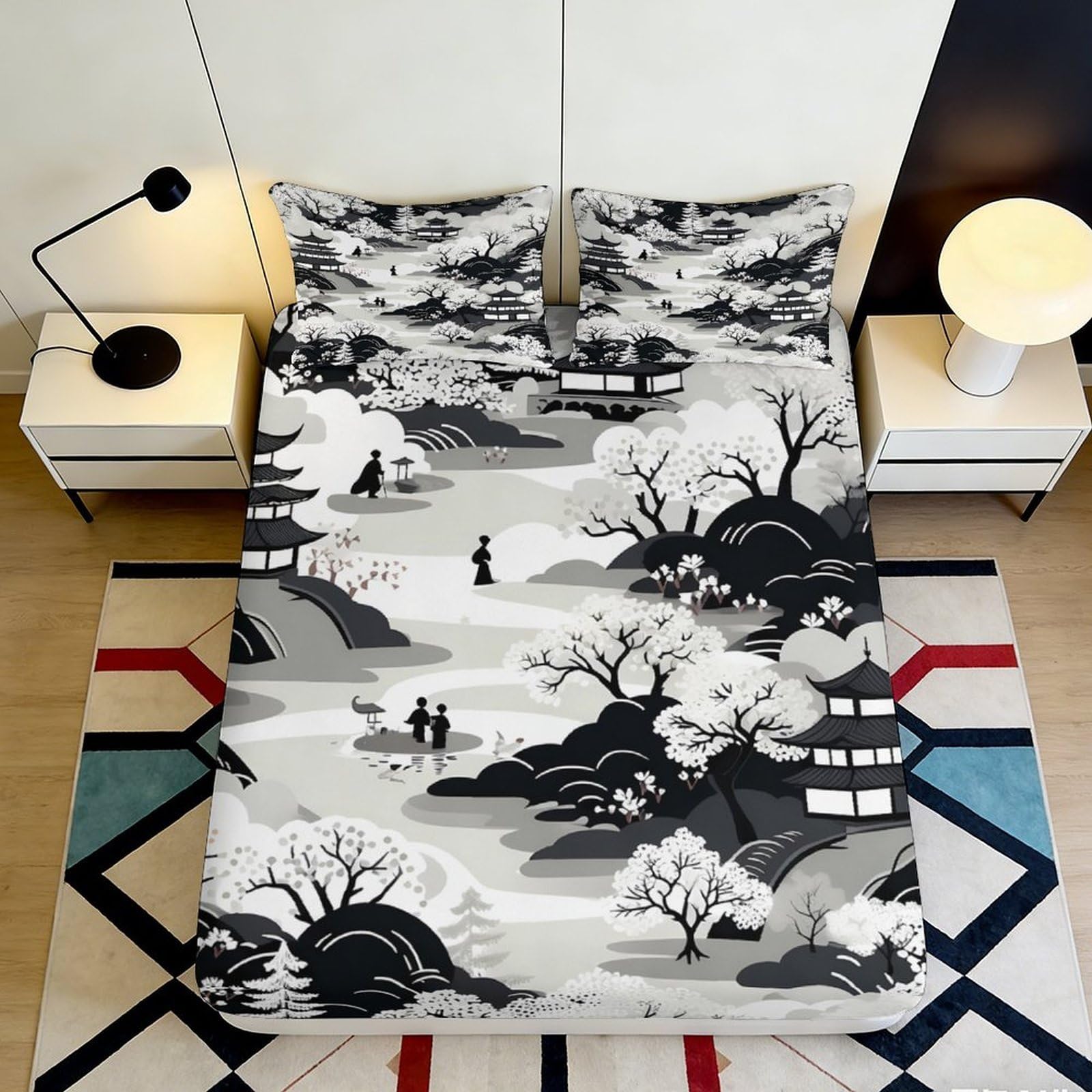 Pnayamiorkfel Style-5 3D Printed Japanese Landscape Fitted Sheet Microfiber Soft Breathable Pagoda Bed Cover For Bedroom Guest Room Decor 90X200x25cm