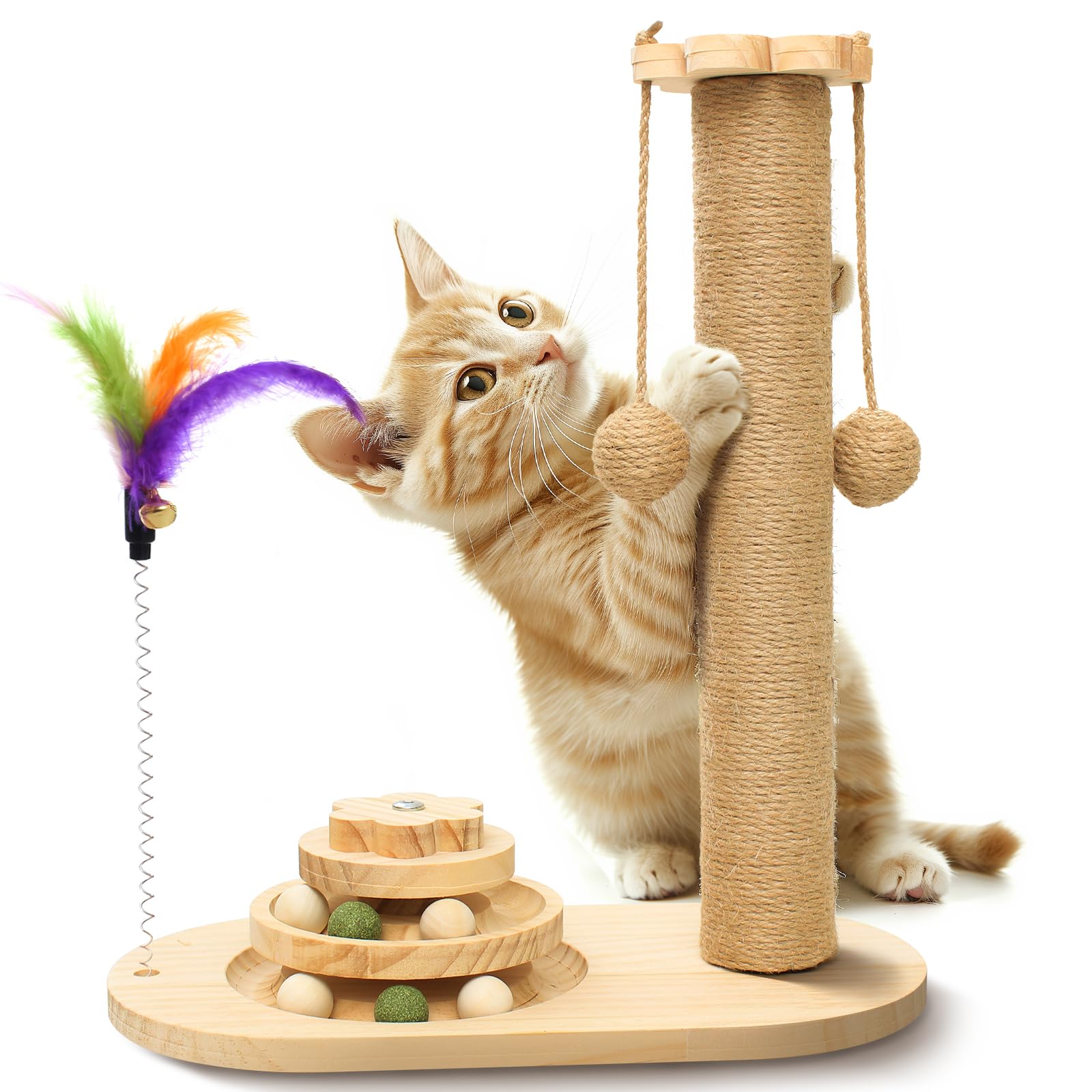 Multifunctional Cat Scratching Post Scratching Post for Indoor Cats with Widened Solid Wood Base, Two Sisal Rope Balls, Interactive Track & Spring Feather Toy, 43cm Tall.