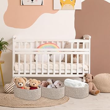 Woven Storage Baskets 3 Packs with Handle (13 x 8.6 x 5) Cotton Rope Basket / Decorative Storage Boxes / Bathroom Baskets / Wicker Storage Basket / Wicker Basket for Shelves, Counter & Closet