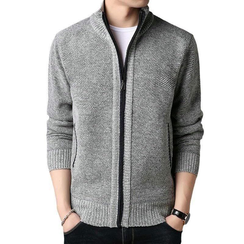 Cárdigan de moda para hombre con cuello alto forro polar y punto grueso coreano 5