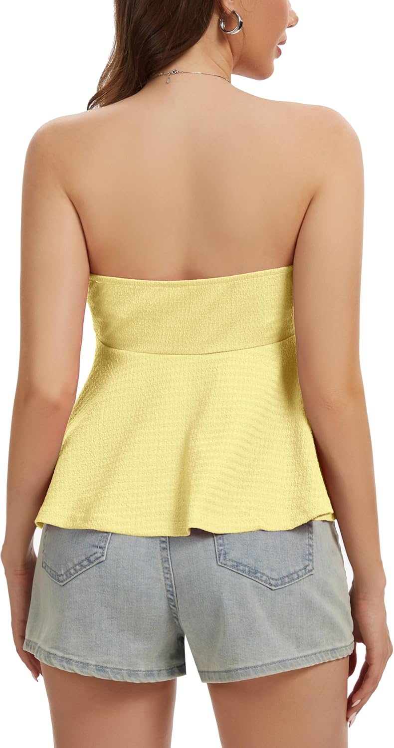Tube Tops for Women Strapless Tie Front Ruched Tops Peplum Flared Hem Casual Bandeau Top - Image 5