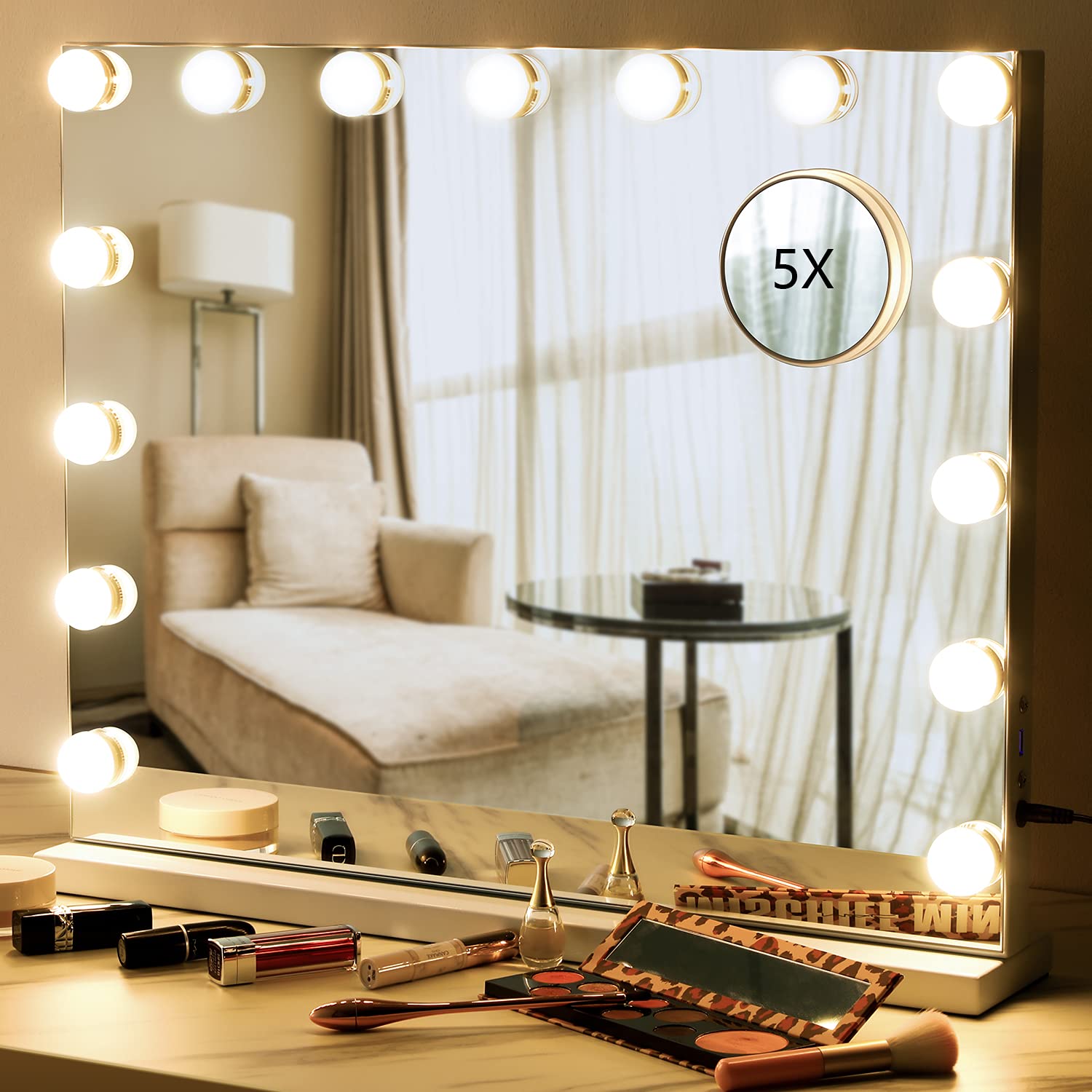 Vanity Makeup Mirror with Light Ohuhu 22.8" x 18.1" 3 Color Lighted Mirror with 15 Dimmable Bulbs Tabletop Wall Mounted Vanity Makeup Mirror Smart Touch Control Valentine's Day Gift