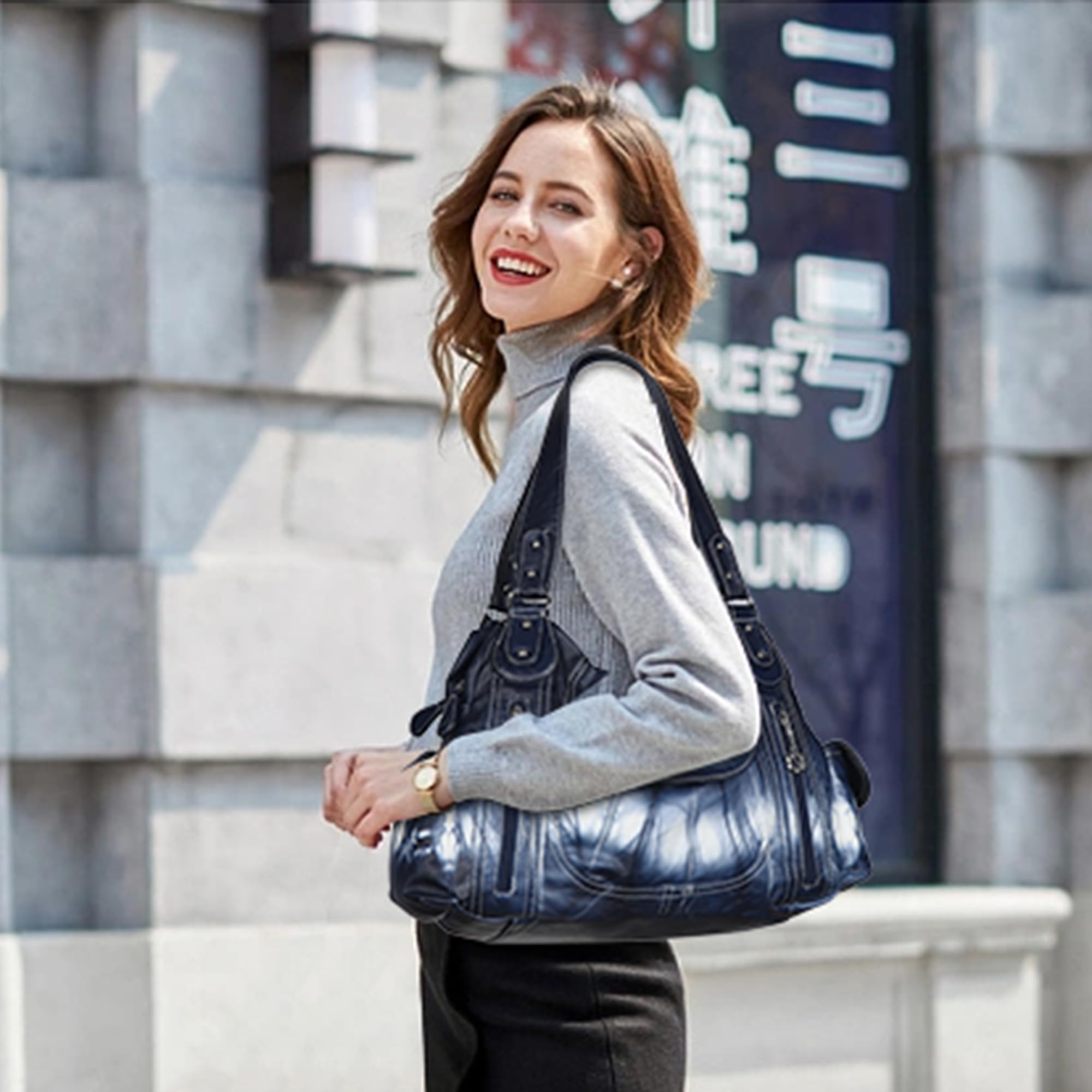 Angel Kiss Bolsos de hombro para mujer, de piel lavada, con múltiples bolsillos