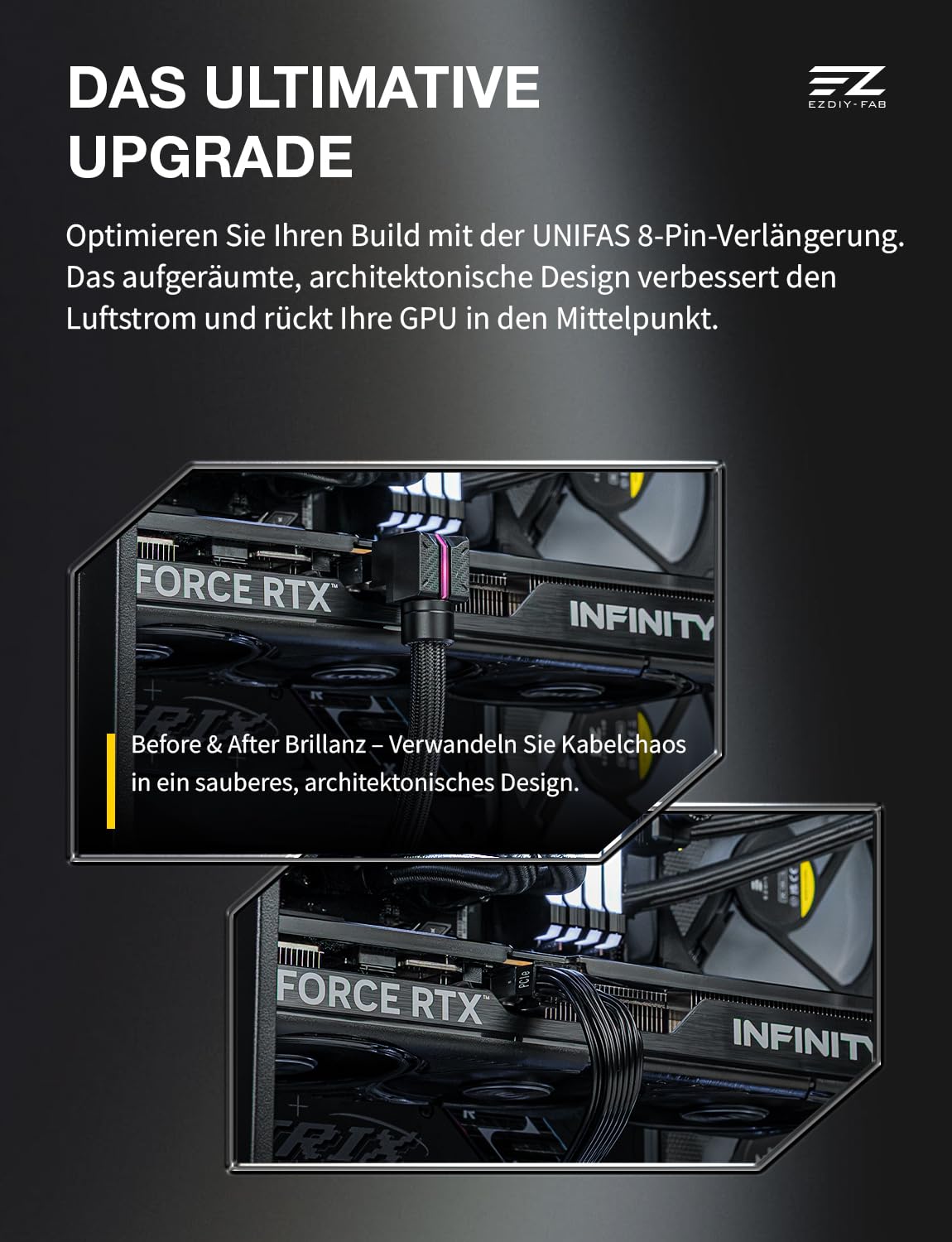 EZDIY-FAB UNIFAS ARGB 8-Pin PCIe-GPU-Verlängerungskabel, 16AWG, 90-Grad-Rechtwinkelstecker, 5V 3-Pin RGB-Synchronisation, Einheitliches Kabeldesign, nur Einzelner 8Pin-Stecker, Schwarz-STD