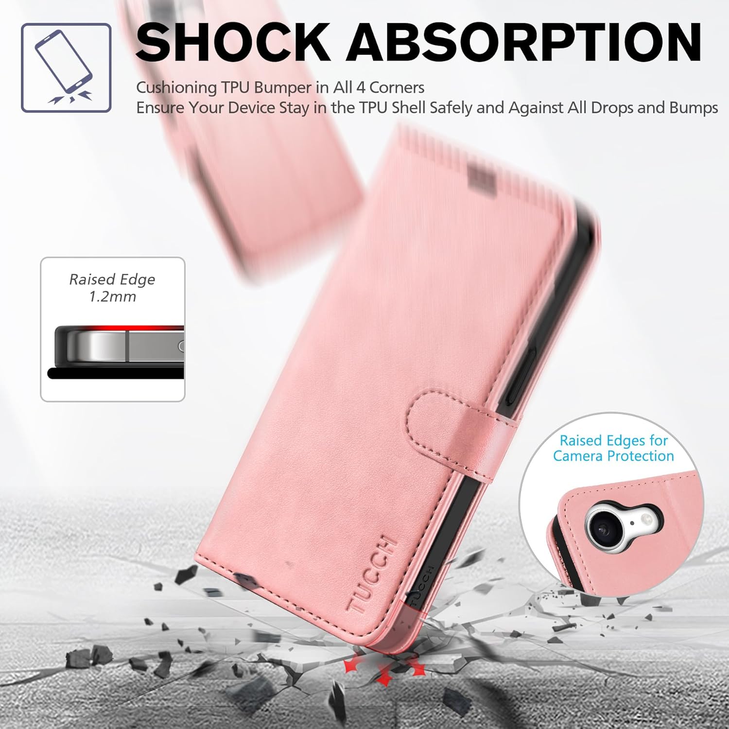 TUCCH Wallet Case for iPhone 17e 16e 6.1" 5G, [TPU Shockproof Inner Shell] PU Leather [RFID Blocking] 4 Card Holder Magnetic Kickstand Flip Cover Compatible with iPhone 17e 2026/16e 2025, Rose Gold